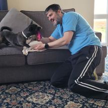 man with black dog playing with a toy on a sofa